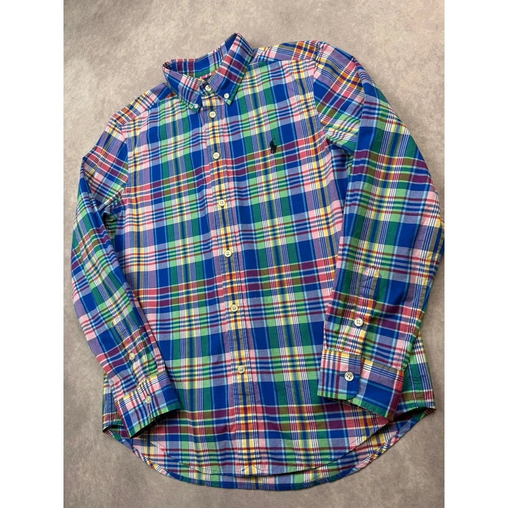 Polo Ralph Lauren Boys L 14-16 Multicolor Plaid Madras Button Down Shirt Stretch